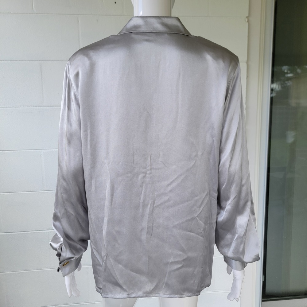 VTG 90s Starington Silk Blouse Silver Women 12 Quiet Luxury Corporate Officewear - Picture 3 of 11